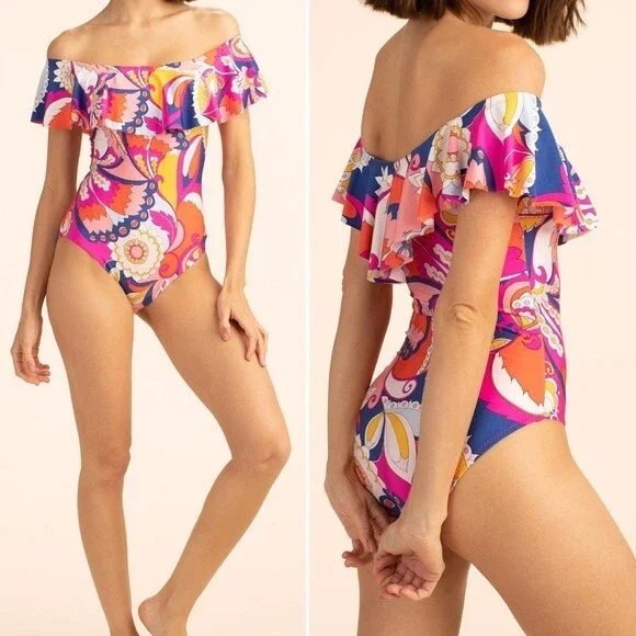 NWT Trina Turk Sevilla Ruffle One Piece Swimsuit Pink Blue Combo Women’s Size 14